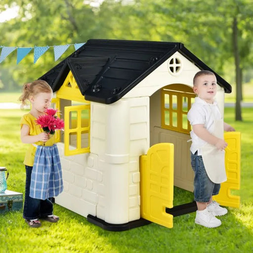 Outdoor Cottage Playhouse with Picnic Table and Food Toy Set in Yellow - Little and Giant Explorers Costway