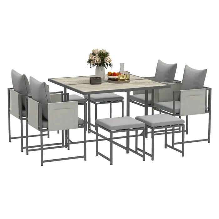 Nine-Piece Steel Frame Garden Dining Set in Grey - Little and Giant Explorers Outsunny