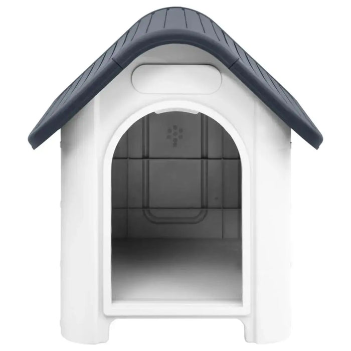 Grey and white outdoor dog house with arched entrance, ventilation, and raised floor