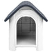 Grey and white outdoor dog house with arched entrance, ventilation, and raised floor