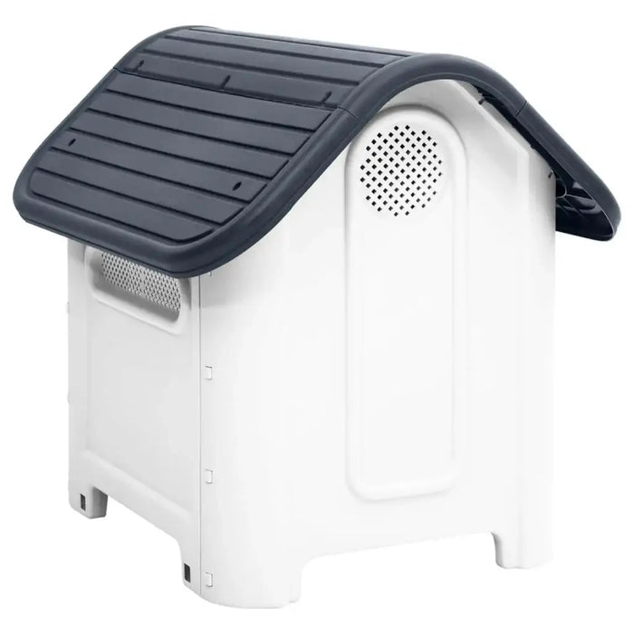 Grey and white outdoor dog house with ventilation and raised floor on white background
