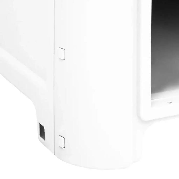 Close-up of white and grey outdoor dog house with raised floor and ventilation panel