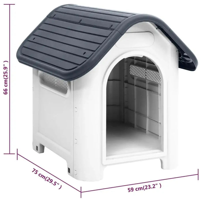 Grey and white outdoor dog house with ventilation, raised floor, and size dimensions shown.