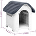 Grey and white outdoor dog house with ventilation, raised floor, and size dimensions shown.