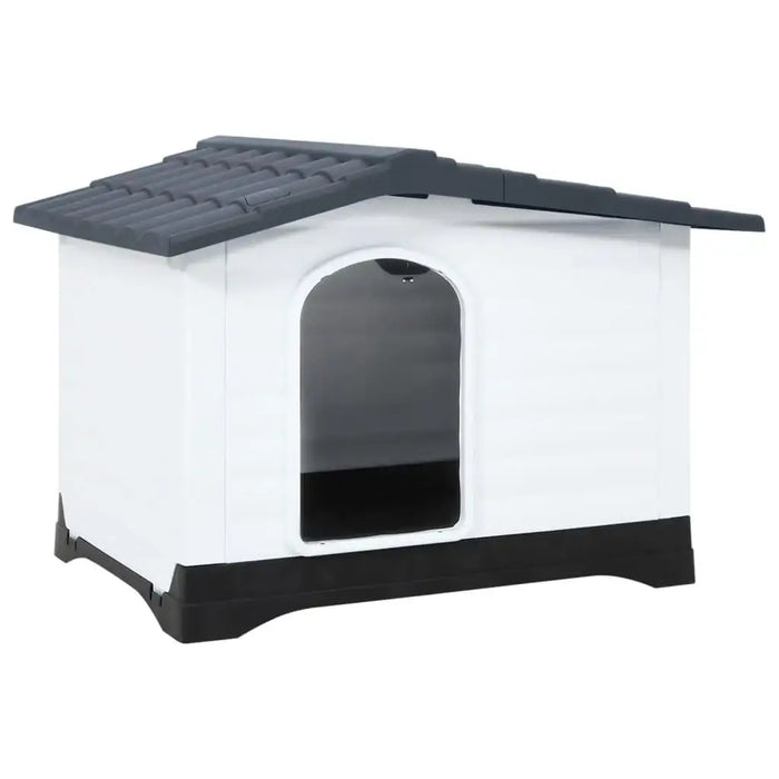 Grey, white, and black outdoor dog house with ventilation and raised floor