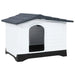 Grey, white, and black outdoor dog house with ventilation and raised floor