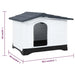 Grey, white, and black outdoor dog house with raised floor and ventilation, shown with dimensions.