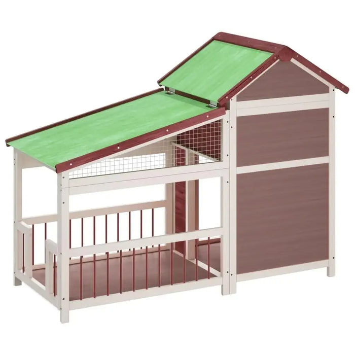 Outdoor dog kennel made of solid pine wood with a green sloped roof and large entrance