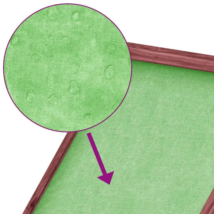 Waterproof green roof detail of wooden outdoor dog kennel with close-up texture inset.