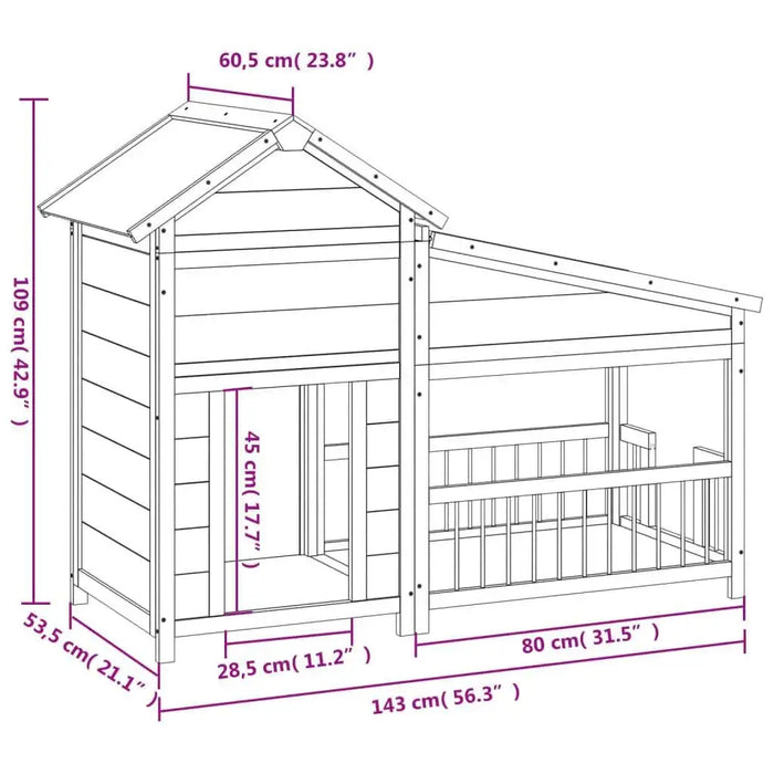 Diagram of outdoor dog kennel, large pine wood pet house with dimensions in cm and inches.