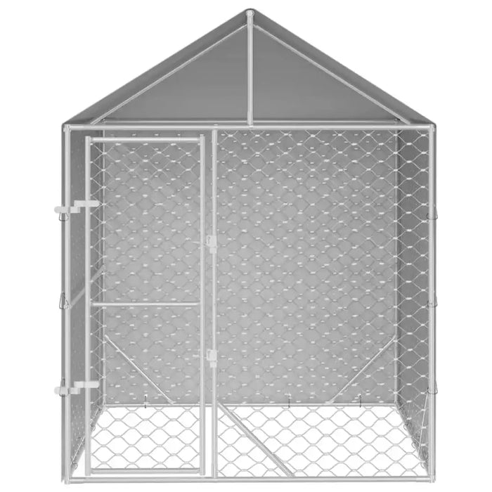 Silver galvanized steel outdoor dog kennel with roof and mesh sidewalls