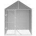 Silver galvanized steel outdoor dog kennel with roof and mesh sidewalls
