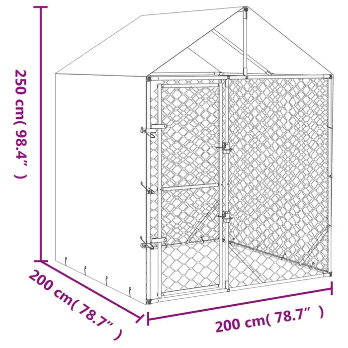 Outdoor dog kennel with roof, sidewalls, galvanized steel frame, and mesh panels, dimensions 250x200x200 cm