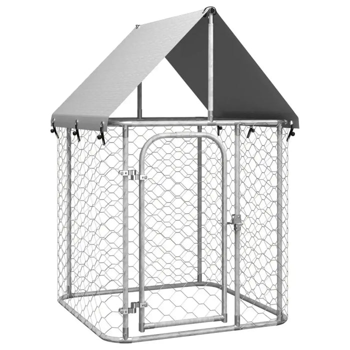 Silver galvanized steel outdoor dog kennel with mesh walls and roof cover