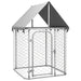 Silver galvanized steel outdoor dog kennel with mesh walls and roof cover