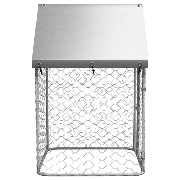 Outdoor dog kennel with silver galvanized steel frame, mesh sides, and slanted roof