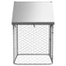 Outdoor dog kennel with silver galvanized steel frame, mesh sides, and slanted roof