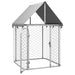 Outdoor galvanized steel dog kennel with mesh panels and sloped roof, secure pet enclosure
