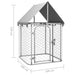 Outdoor dog kennel with roof, galvanized steel frame, mesh sides, and size dimensions shown.