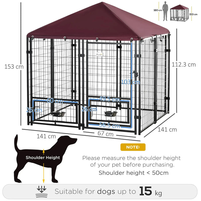 Outdoor Dog Kennel with Rotating Bowl Holders in Red (141 x 141 x 153cm) - Little and Giant Explorers PawHut