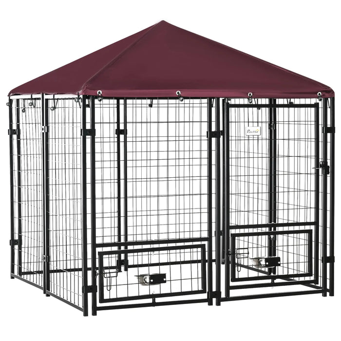 Outdoor Dog Kennel with Rotating Bowl Holders in Red (141 x 141 x 153cm) - Little and Giant Explorers PawHut