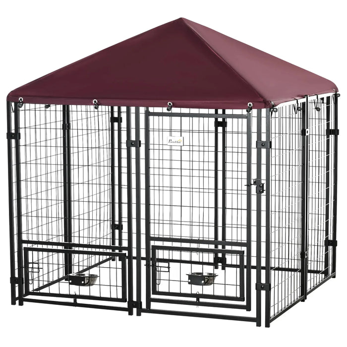 Outdoor Dog Kennel with Rotating Bowl Holders in Red (141 x 141 x 153cm) - Little and Giant Explorers PawHut