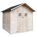 Wooden outdoor garden shed with double doors and small square windows under a black slanted roof
