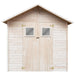 Wooden garden shed with double doors and small square windows under a sloped roof