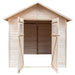 Open wooden garden shed with double doors and window panels, natural light wood finish