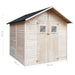 Wooden garden shed with black roof, double doors with windows, dimensions shown