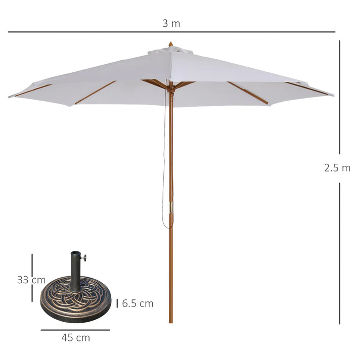 White patio umbrella with measurements on a white background
