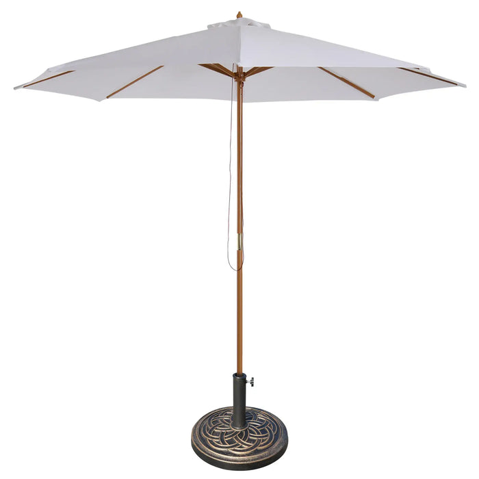 White patio umbrella with a decorative base on a white background