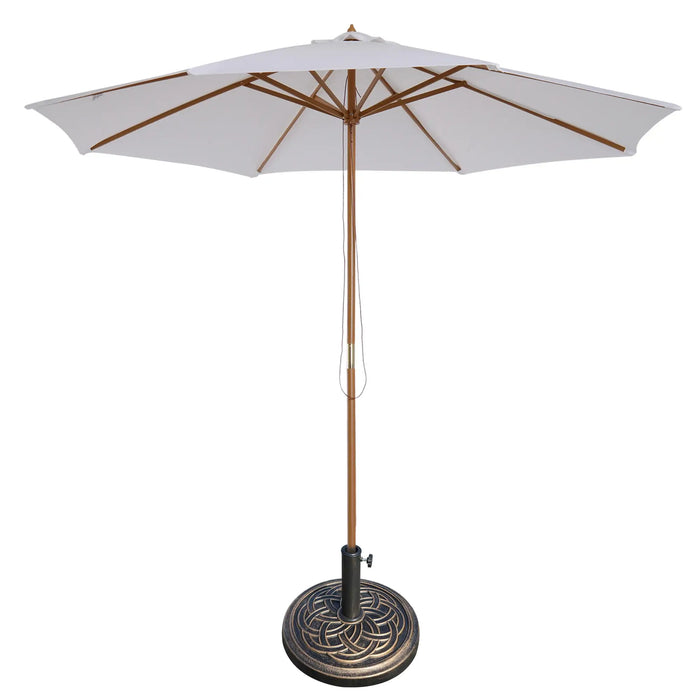 White patio umbrella with wooden frame on a white background