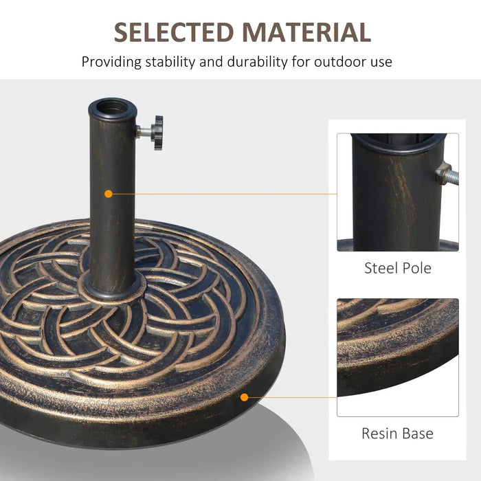 Umbrella base with steel pole and resin base, labeled for outdoor use.