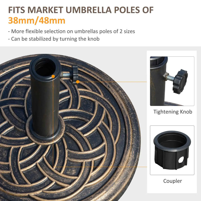 Umbrella base with detailed design and text on compatibility and features.