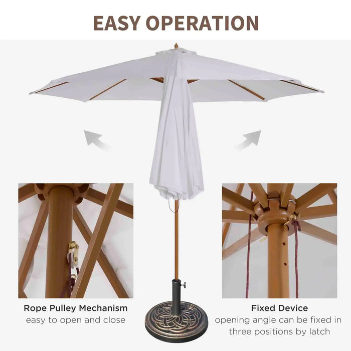 White patio umbrella with rope pulley mechanism and fixed device on a white background