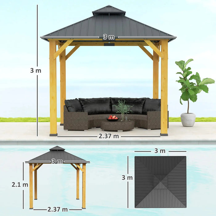 Outdoor Hardtop Gazebo Canopy with 2-Tier Roof and Solid Wood Frame (3 x 3m) - Little and Giant Explorers Outsunny