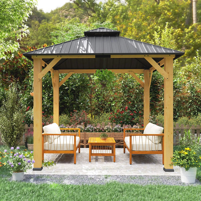 Outdoor Hardtop Gazebo Canopy with 2-Tier Roof and Solid Wood Frame (3 x 3m) - Little and Giant Explorers Outsunny