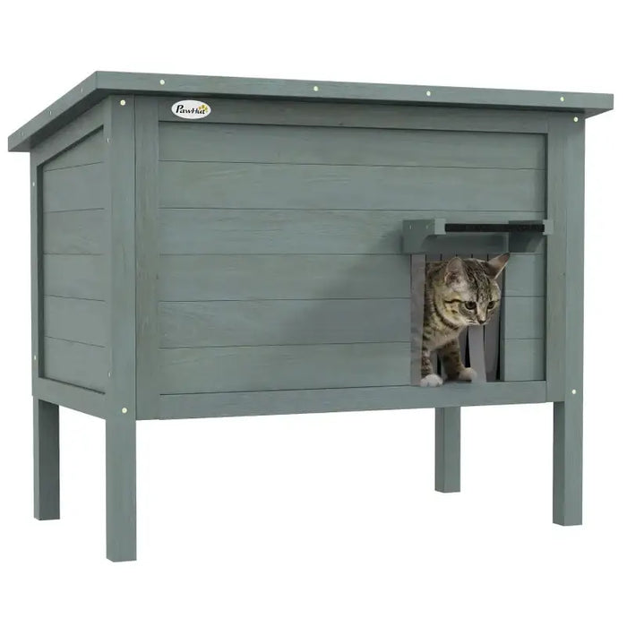 Outdoor Insulated Cat House - Grey | Wooden Shelter - Foam Insulation and Asphalt Roof PAWHUT - Little and Giant Explorers PawHut