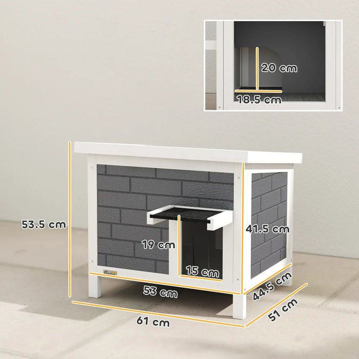 White pet house with dimensions indicated on a light gray background