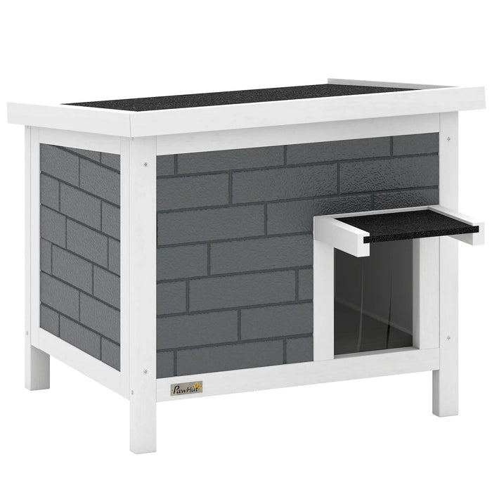 Pet house with gray brick pattern and white frame on a white background