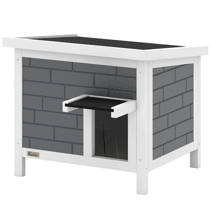 White pet house with gray brick pattern on a white background