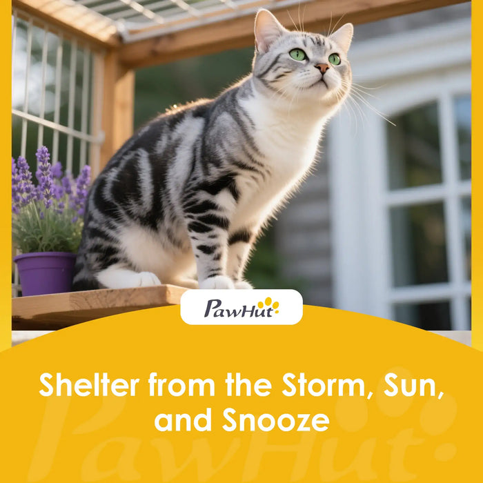 Cat standing on a wooden deck with 'PawHut' branding and text overlay.