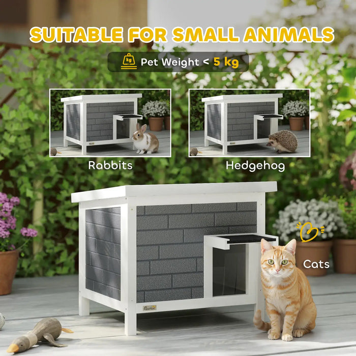 Pet house suitable for small animals like rabbits, hedgehogs, and cats with a cat sitting on a wooden deck.