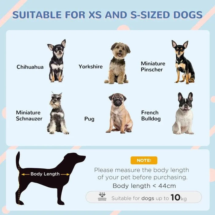 Chart showing small dog breeds like Chihuahua, Yorkshire, Pug, and breed suitability for kennels under 10kg.