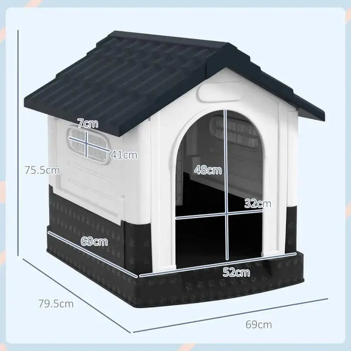 Outdoor plastic dog kennel with slanted roof, raised base, ventilated windows, and measurements