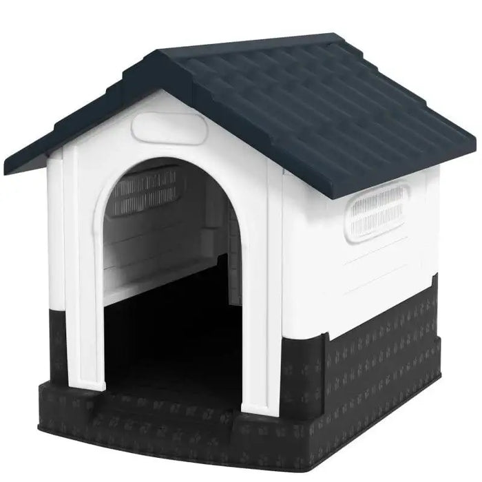 Outdoor plastic dog kennel with raised base, slanted roof and ventilated windows