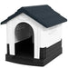 Outdoor plastic dog kennel with raised base, slanted roof, and ventilated side windows