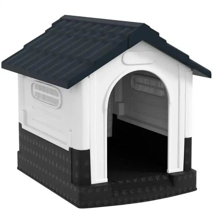 Outdoor plastic dog kennel with raised base, slanted roof, and ventilated windows