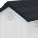 Outdoor plastic dog kennel with slanted roof and ventilated windows